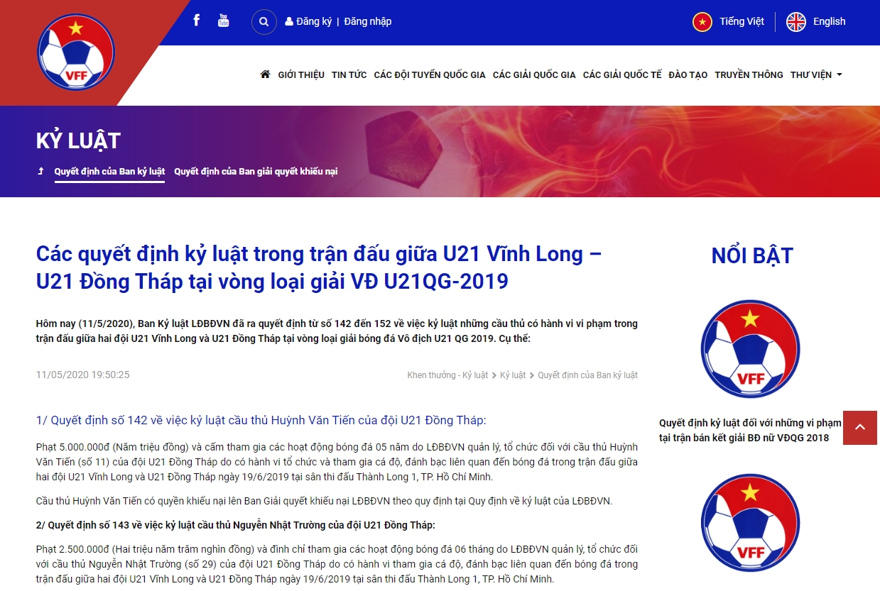 VFF cấm thi đấu 11 cầu thủ trẻ của Đồng Tháp vì dính tiêu cực