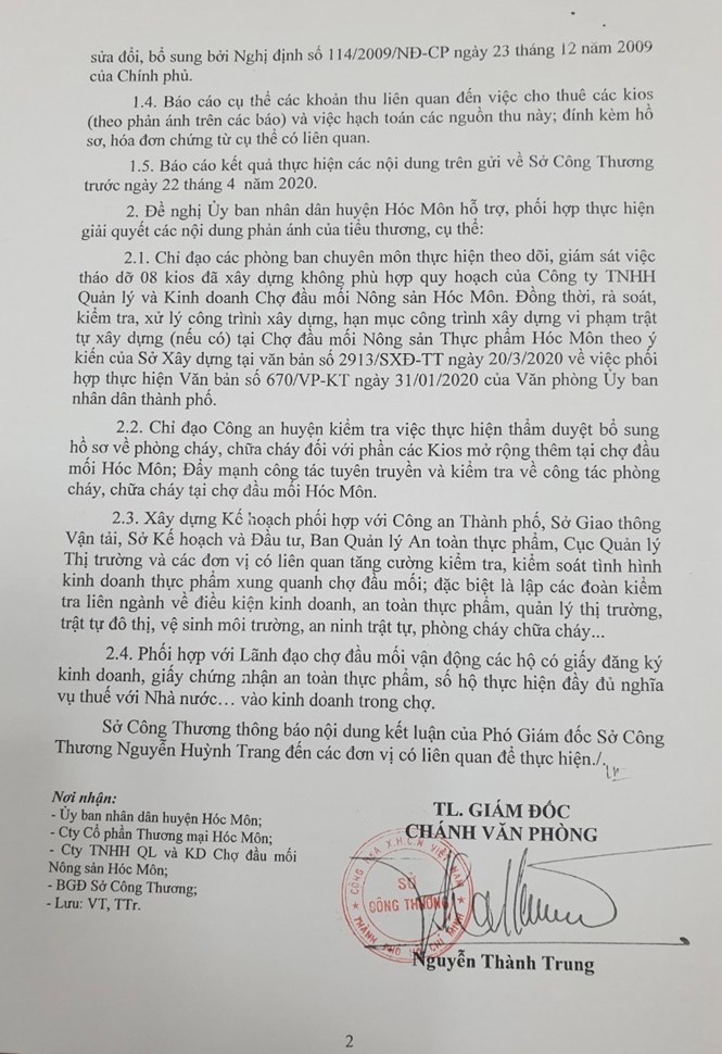 Thông báo số 2238/TB-SCT ngày 20/4/2020 thông báo kết luận của Phó Giám đốc Sở Công Thương Nguyễn Huỳnh Trang tại cuộc họp giải quyết đơn phản ảnh của tập thể tiểu thương đang kinh doanh tại Chợ đầu mối nông sản thực phẩm Hóc Môn.