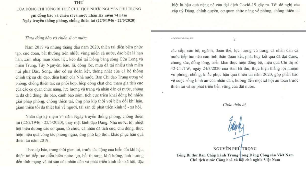 Thư của Tổng Bí thư, Chủ tịch nước Nguyễn Phú Trọng gửi đồng bào và chiến sĩ cả nước nhân kỷ niệm 74 năm Ngày truyền thống phòng, chống thiên tai