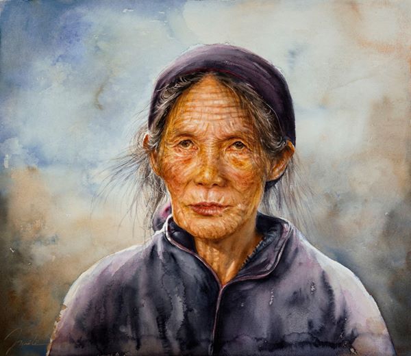 Bà già ở chợ Quản Bạ, Họa sỹ: Mai Lê, Màu nước trên giấy, 56 x 66 cm, 2019