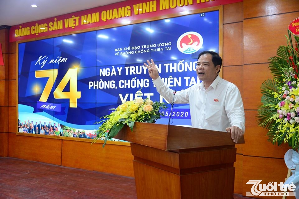 Bộ trưởng Bộ Nông nghiệp và Phát triển nông thôn Nguyễn Xuân Cường phát biểu tại Lễ kỷ niệm 74 năm Ngày Phòng chống thiên tai Việt Nam