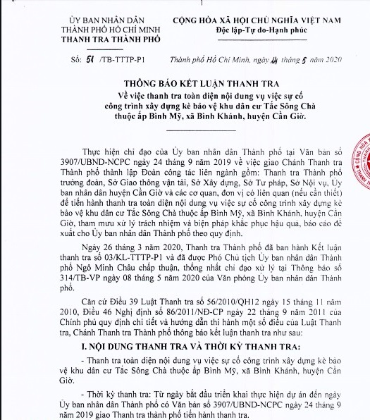 Kết luận thanh tra đã chỉ ra những sai phạm gây thiệt hại hơn 15,4 tỷ đồng từ sự cố sạt lở công trình bờ kè bảo vệ khu dân cư Tắc Sông Chà, ấp Bình Mỹ, xã Bình Khánh, huyện Cần Giờ, Thành phố Hồ Chí Minh