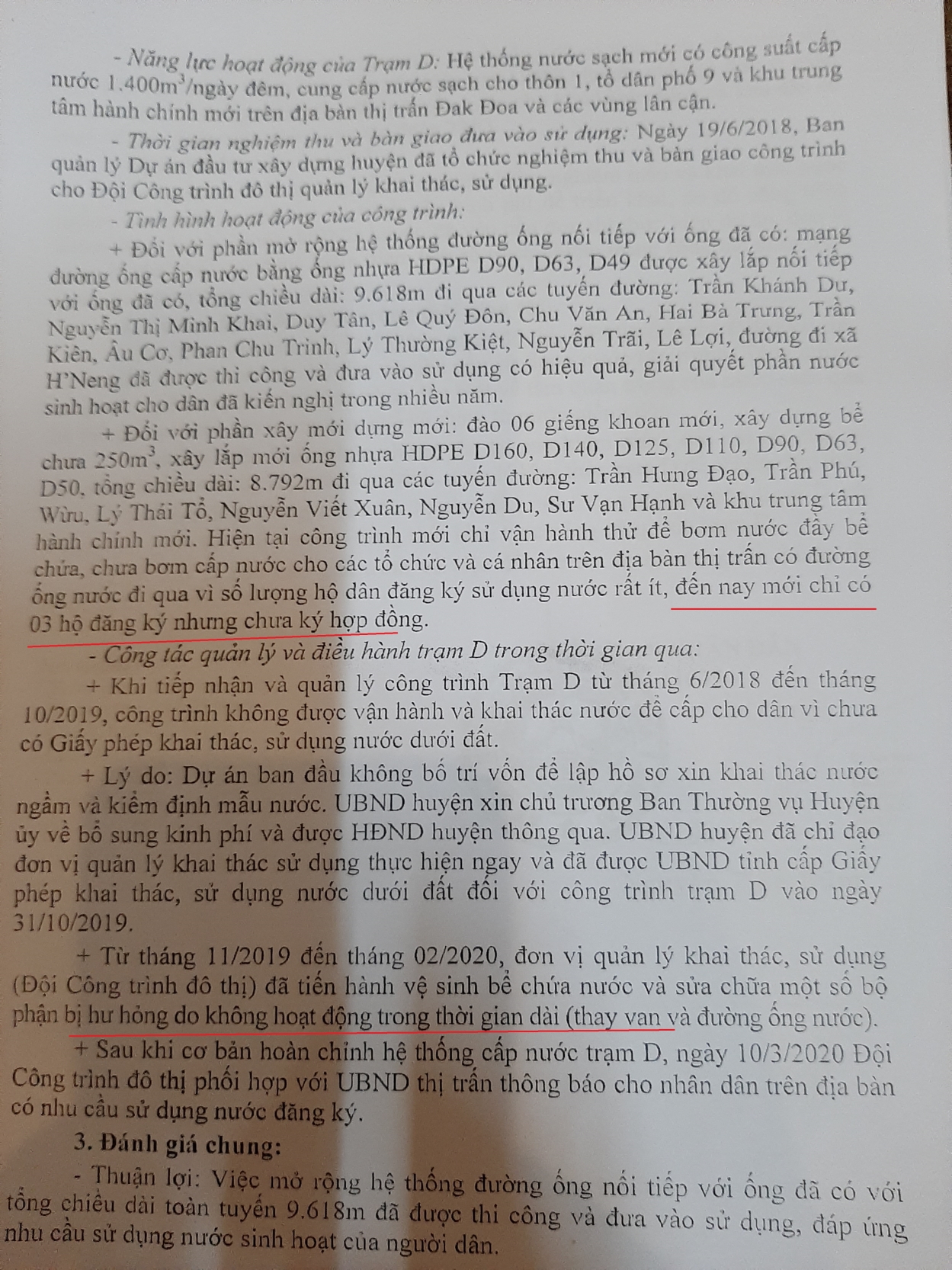 Báo cáo của UBND huyện Đăk Đoa về dự án trạm cấp nước D sử dụng không hiệu quả
