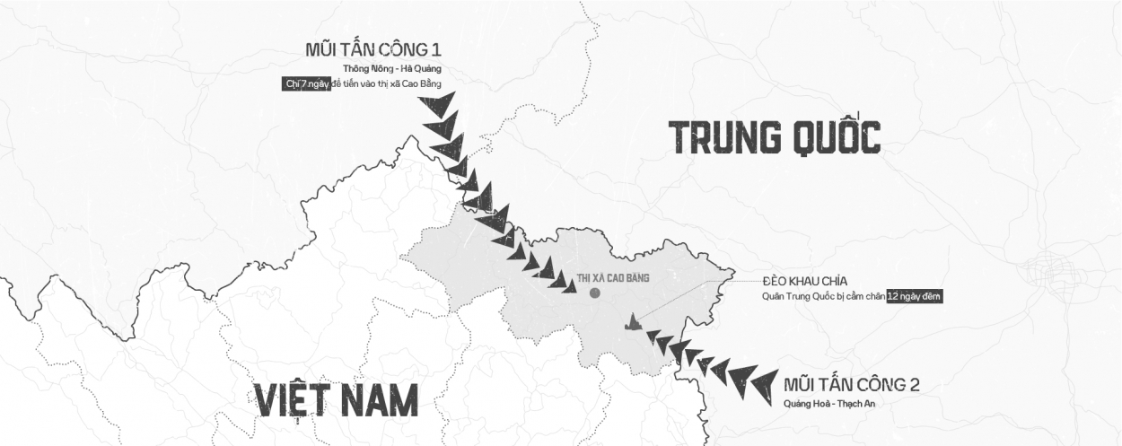 Sơ đồ 2 mũi tấn công của Trung Quốc vào Cao Bằng, bị chặn lại ở đèo Khau Chỉa.