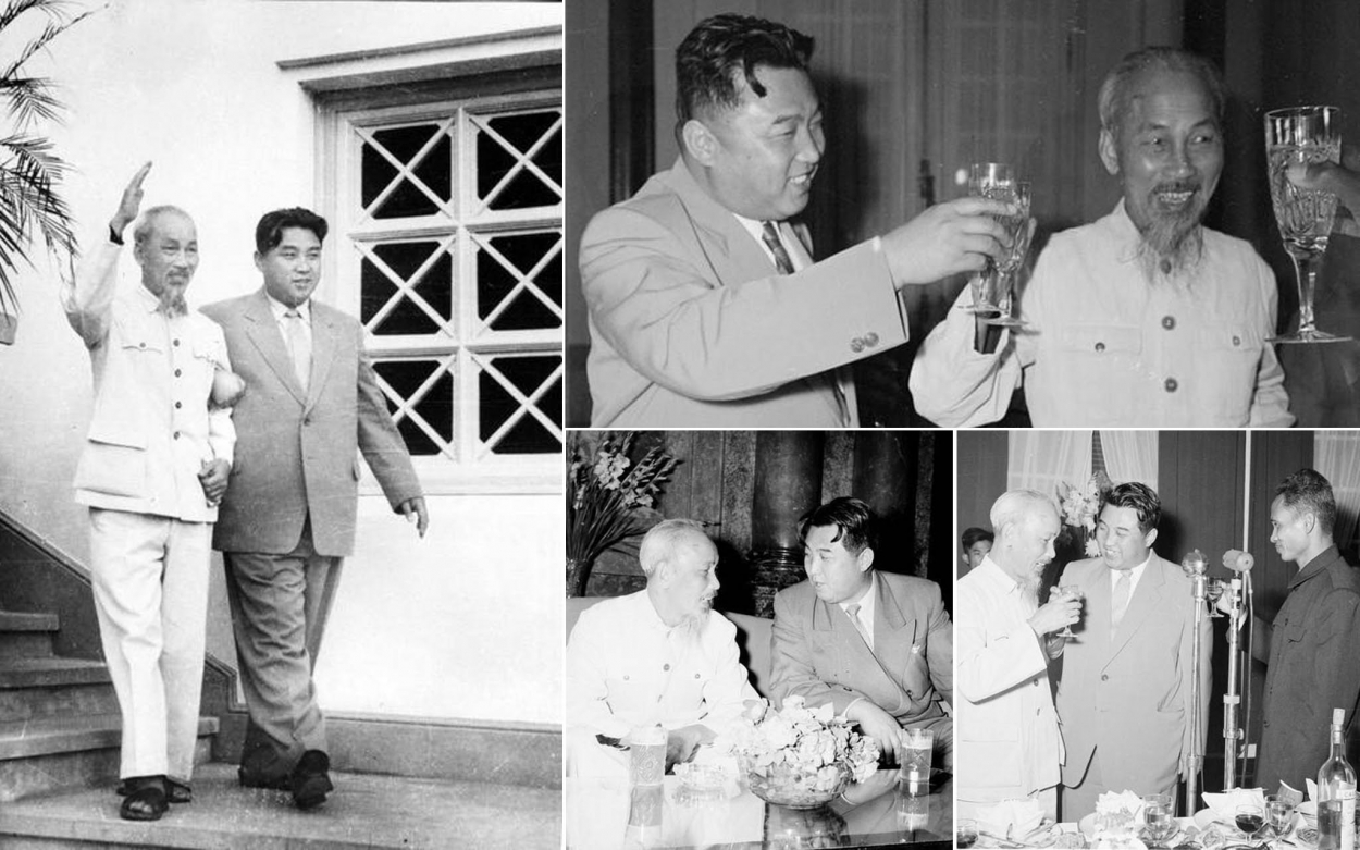 Ngày 28/11/1958, tại Phủ Chủ tịch, Chủ tịch Hồ Chí Minh tiếp Thủ tướng Kim Nhật Thành, dẫn đầu đoàn đại biểu Đảng và Chính phủ Triều Tiên sang thăm hữu nghị Việt Nam từ ngày 27/11 đến 3/12/1958. (Ảnh: TTXVN)