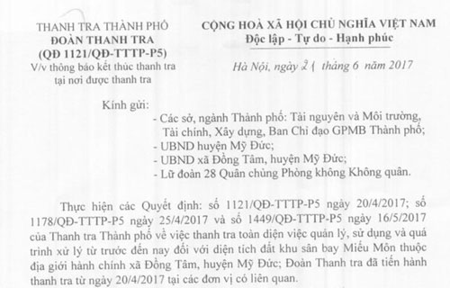 Thanh tra TP Hà Nội ra Thông báo kết thúc việc thanh tra trực tiếp các đơn vị có liên quan đến đất đai tại xã Đồng Tâm