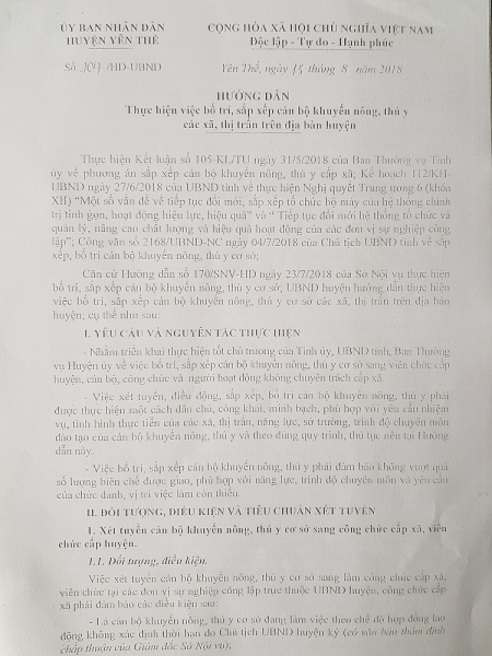 Văn bản hướng dẫn của UBND huyện Yên Thế