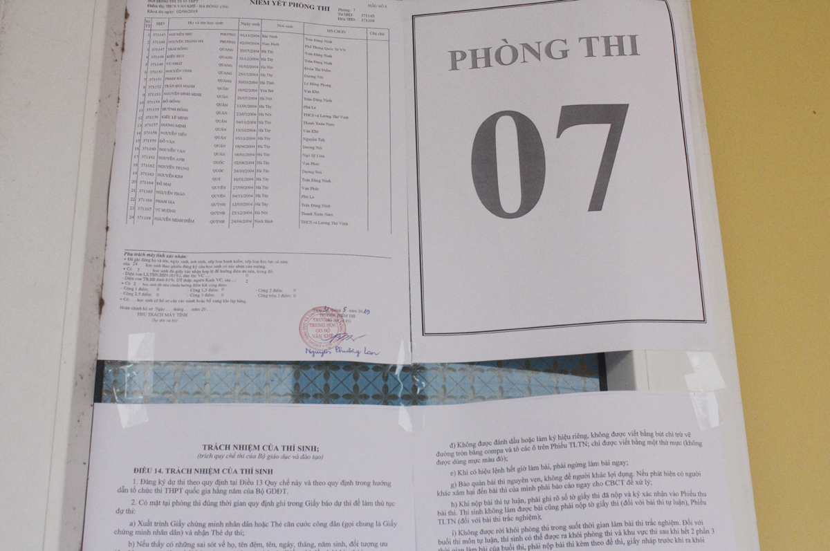 Danh sách thí sinh cùng nội quy phòng thi được niêm yết ở cửa mỗi phòng thi