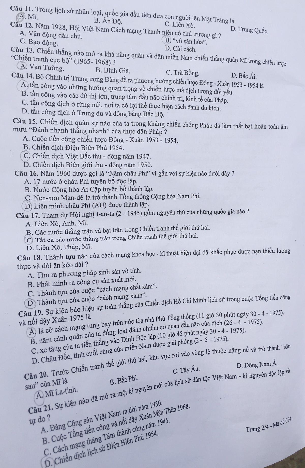 Đề thi môn Lịch sử vào lớp 10 công lập ở Hà Nội