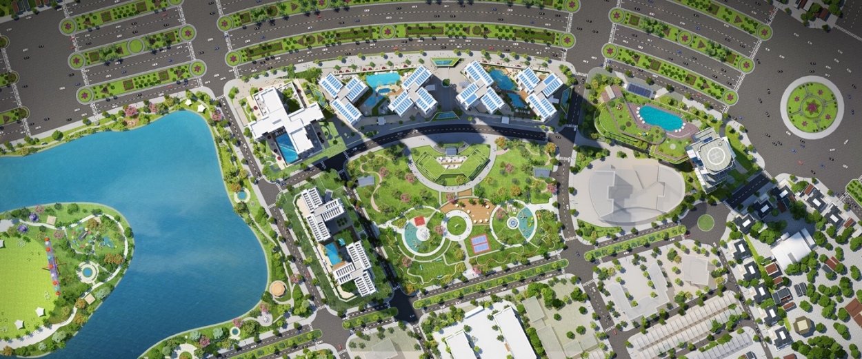 Tổng mặt bằng dự án Eco Green Saigon với màu xanh ấn tượng của công viên nội khu và công viên Hương Tràm ngay cạnh dự án