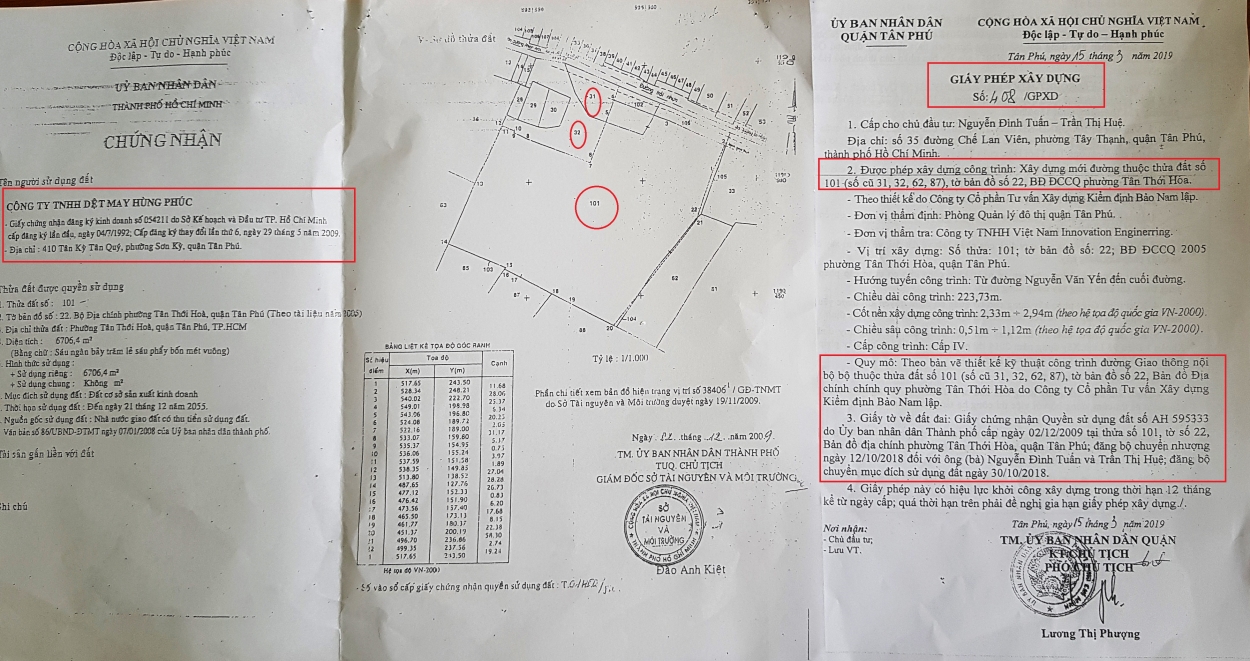 Sơ đồ thửa đất 101 của Công ty Hùng Phúc hoàn toàn không có thửa số 31 và 32, trong khi Giấy phép xây dựng lại ghi có?