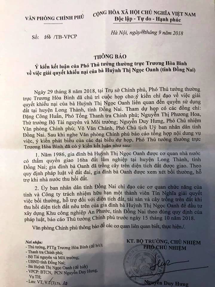 Văn bản của Văn phòng Chính phủ đề nghị UBND tỉnh Đồng Nai thực hiện việc báo cáo kết quả thực hiện đối với việc bồi thường, hỗ trợ cho bà Oanh