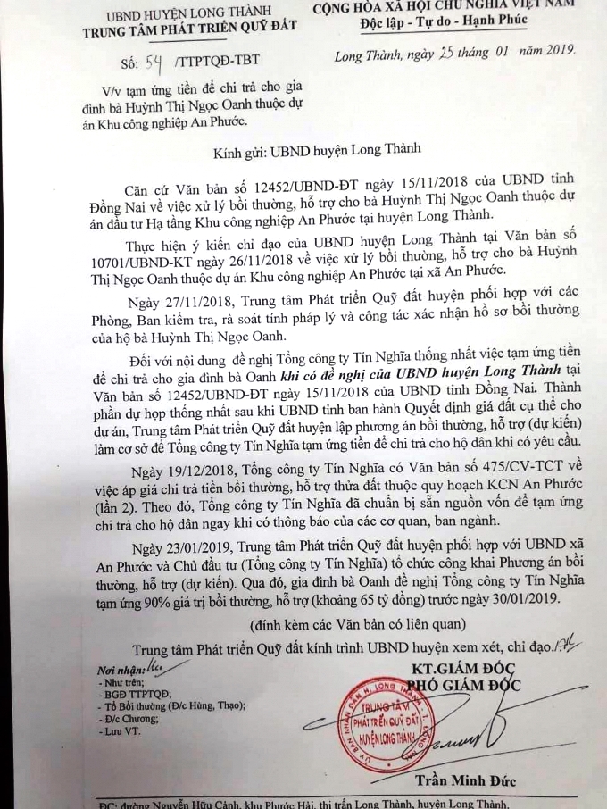 Văn bản của Trung tâm phát triển quỹ đất gửi UBND huyện Long Thành xin ý kiến chỉ đạo, giải quyết về việc tạm ứng tiền cho bà Oanh