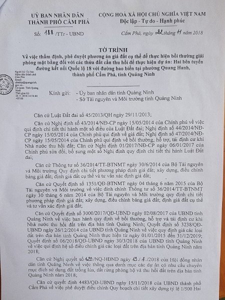 Tờ trình của UBND TP Cẩm Phả về việc phê duyệt giá bồi thường khi thu hồi đất tại phường Quang Hanh