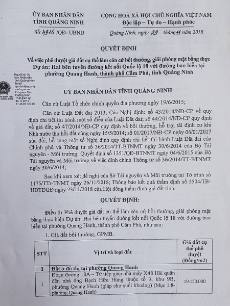 Quyết định phê duyệt giá đất của UBND tỉnh Quảng Ninh khi thu hồi đất tại phường Quang Hanh
