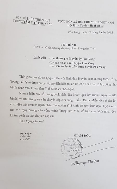 Tờ trình của Trung tâm y tế huyện về việc xin mở rộng đường vào cổng chính Trung tâm y tế.