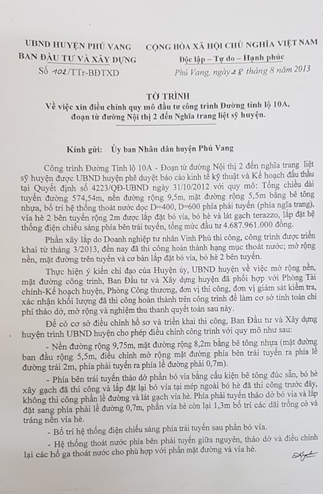 Tờ trình của ban đầu tư xây dựng huyện xin điều chỉnh quy mô đầu tư công trình đường tỉnh lộ 10A.