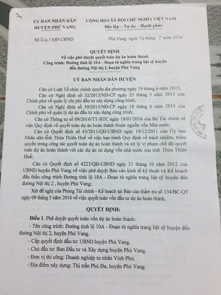 Quyết định số 2347 về việc phê duyệt quyết toán hoàn thành dự án đường tỉnh lộ 10A.