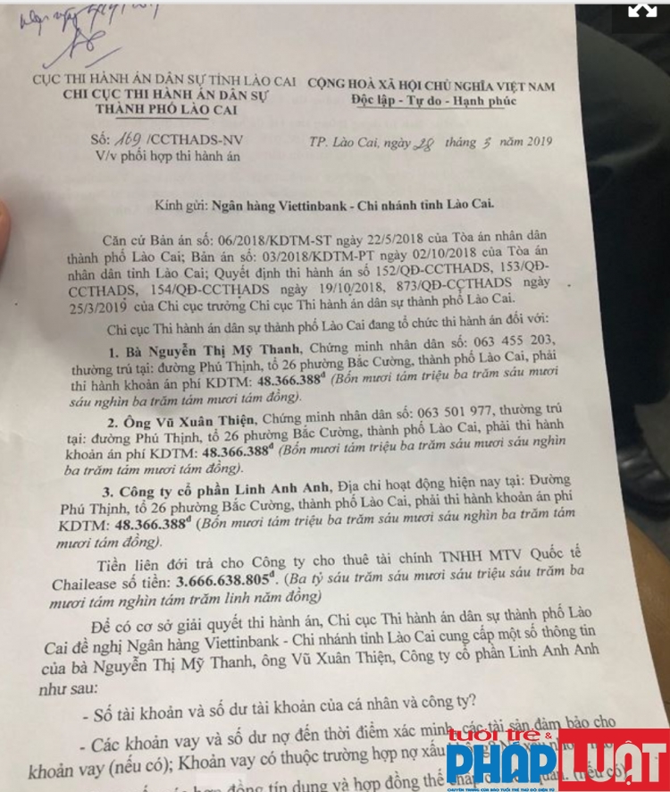 Văn bản của Chi cục Thi hành án dân sự thành phố Lào Cai gửi ngân hàng Vietinbank chi nhánh Lào Cai.
