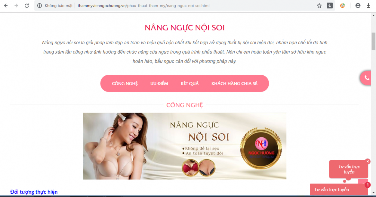 Một thông tin quảng cáo về dịch vụ nâng ngực của TMV Ngọc Hường trên website: http://thammyvienngochuong.vn