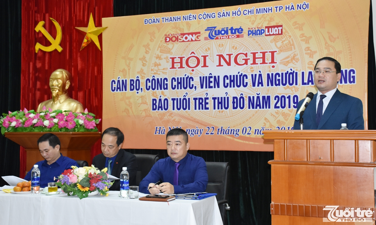 UVBTV Trung ương Đoàn, Bí thư Thành đoàn, Chủ tịch Hội LHTN Việt Nam thành phố Hà Nội Nguyễn Ngọc Việt phát biểu tại Hội nghị cán bộ, công chức, viên chức và người lao động báo Tuổi trẻ Thủ đô năm 2019.
