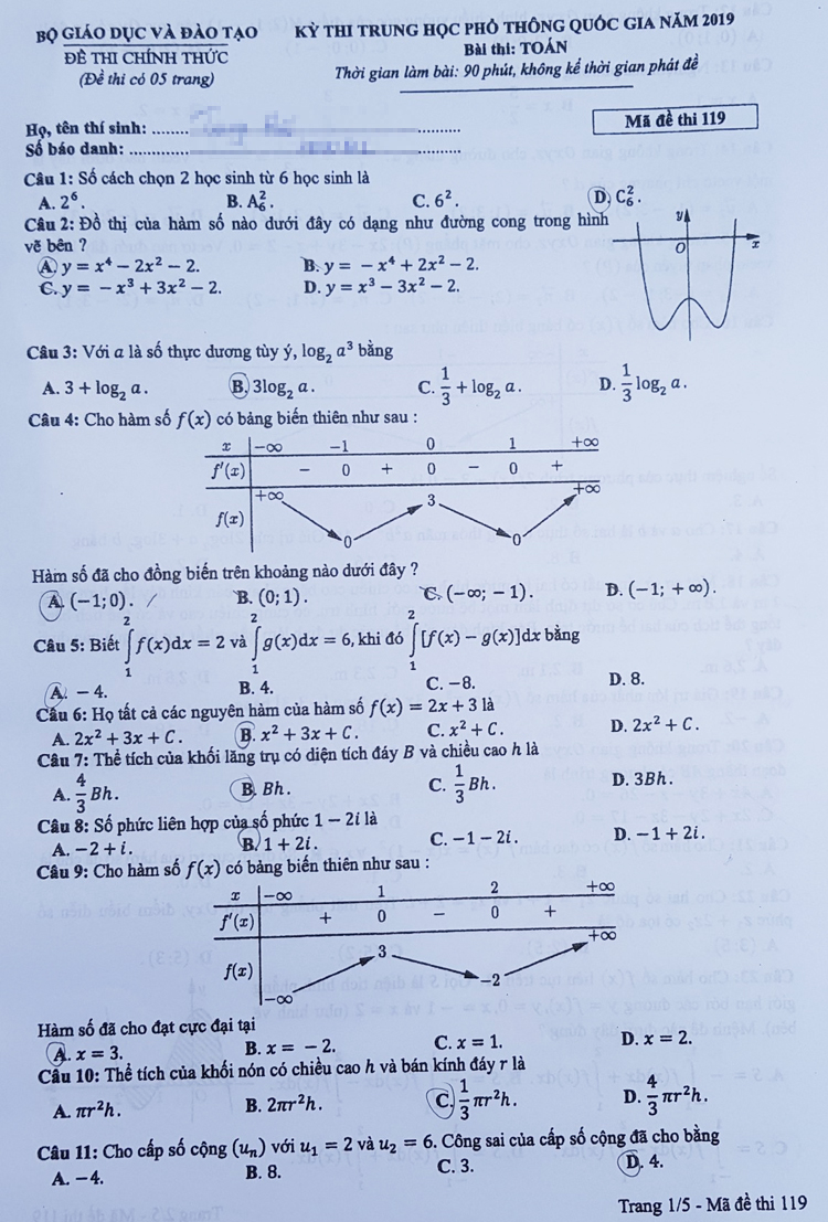 Đề thi chính thức môn Toán kỳ thi THPT quốc gia 2019