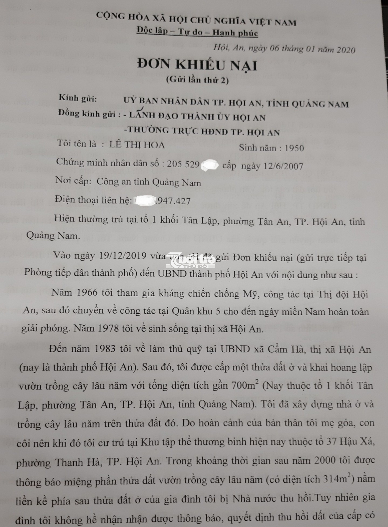 Đơn khiếu nại lần 2 của bà Lê Thị Hoa gửi UBND TP Hội An (Ảnh: V.Q)