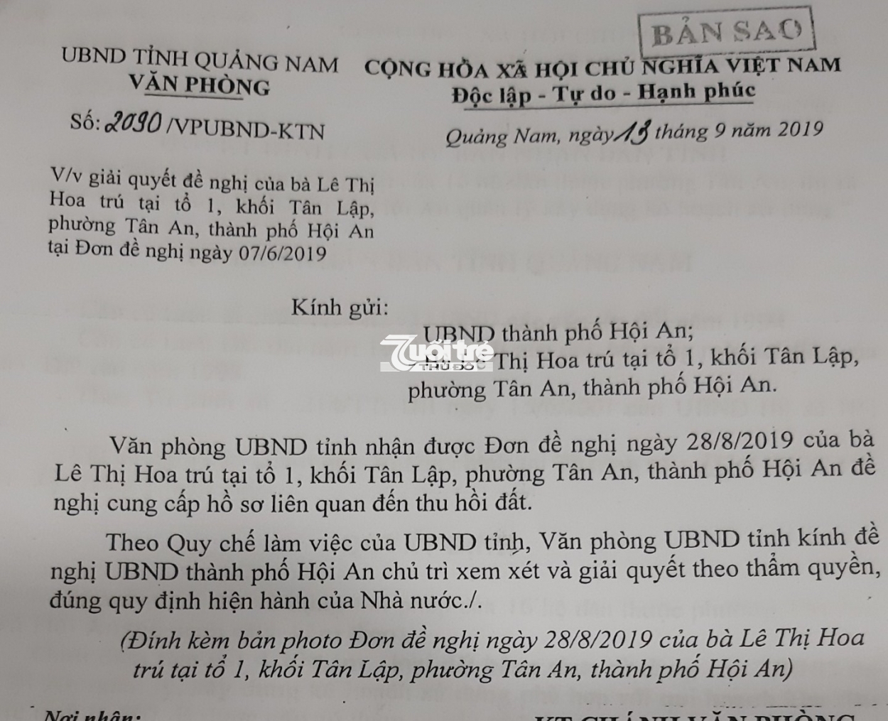Văn phòng UBND tỉnh Quảng Nam đề nghị UBND TP Hội An xem xét trả lời nội dung đơn của bà Hoa (Ảnh: V.Q)