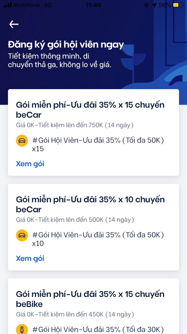 Khách hàng đăng ký Gói Hội viên be sẽ nhận được Combo những voucher ưu đãi khi sử dụng dịch vụ với mức ưu đãi đến 35%