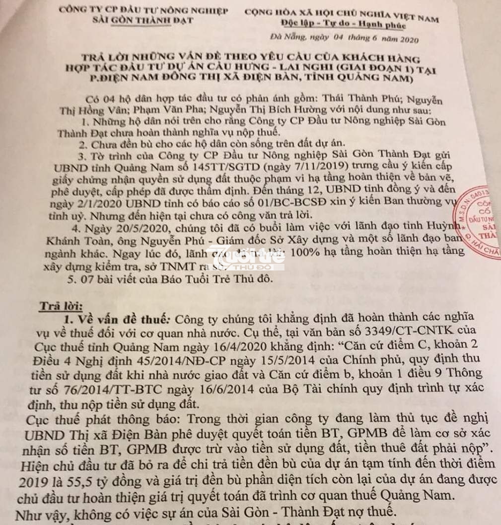 Văn bản trả lời khách hàng đòi sổ đổ của Công ty Sài Gòn - Thành Đạt (Ảnh: Q.X)