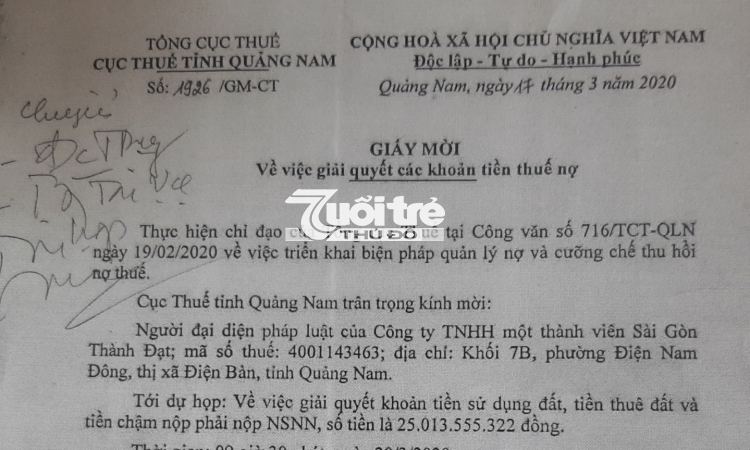 Công ty Sàn Gòn - Thành Đạt bị gửi giấy mời để giải quyết khoản nợ thuế 25 tỷ đồng (Ảnh: V.Q)