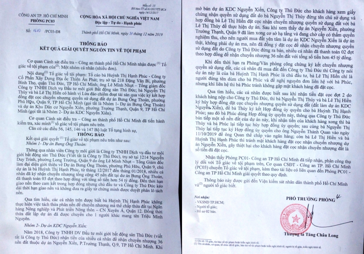 Thông báo kết quả giải quyết nguồn tin về tội phạm của Công an TP HCM liên quan dự án KDC Bưng Ông Thoàn và Nguyễn Xiển, Quận 9
