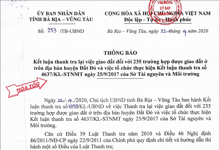 Thông báo KLTT về việc giao đất đối với 235 trường hợp được giao đất trên địa bàn huyện Đất Đỏ và tổ chức thực hiện KLTT số 4637/KL-STNMT ngày 25/9/2017 của Sở Tài nguyên và Môi trường tỉnh Bà Rịa - Vũng Tàu