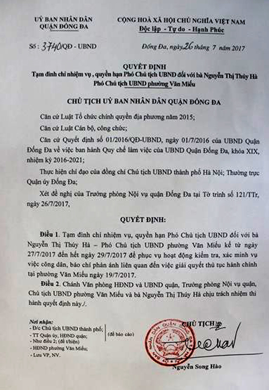 Đình chỉ Phó Chủ tịch UBND phường Văn Miếu, xem xét cho thôi việc cán bộ liên quan
