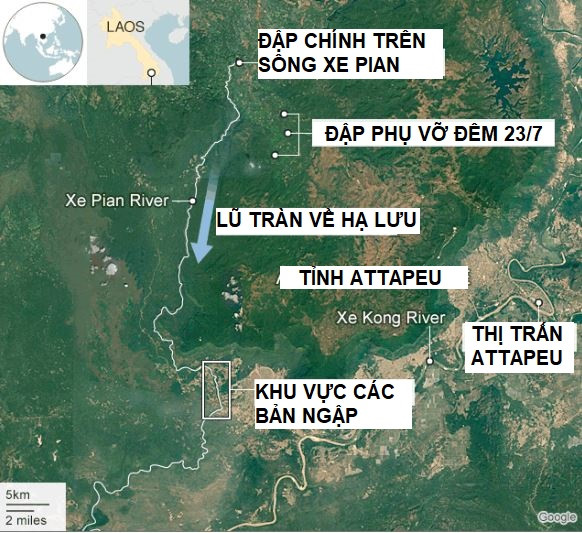 Vị trí con đập bị vỡ ngày 23/7 tại Đông Nam Lào (Đồ họa: BBC)