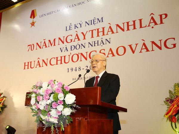 Tổng Bí thư Nguyễn Phú Trọng phát biểu tại Lễ kỷ niệm (Ảnh: Trí Dũng/TTXVN)
