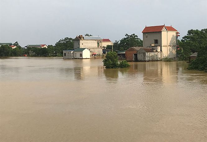 Nhà dân phía hữu đê sông Bùi chìm trong nước lũ