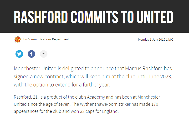 CLB MU thông báo việc ký hợp đồng mới với Marcus Rashford trên trang web chính thức