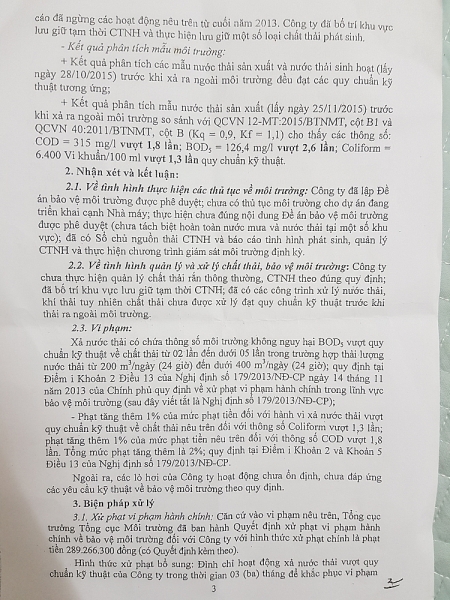 Doanh nghiệp này từng bị xử phạt gần 300 triệu về hành vi xả nước thải vượt quy chuẩn