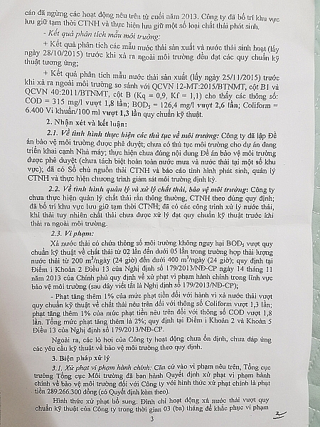 Bộ TNMT đã xử phạt doanh nghiệp này gần 300 triệu năm 2016 về lĩnh vực môi trường