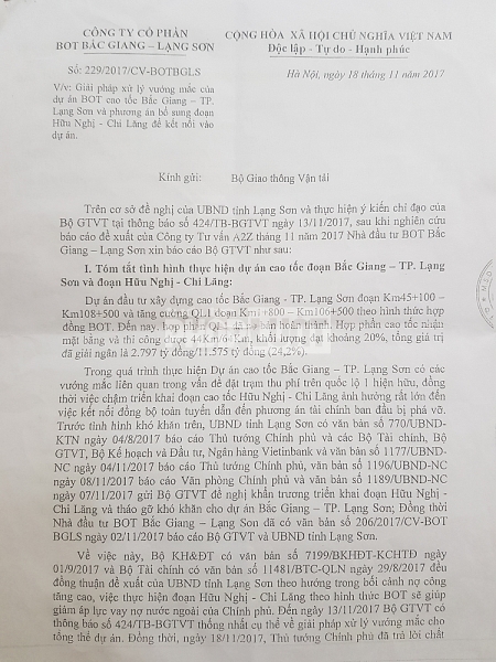 Văn bản Công ty Cổ phần BOT Bắc Giang - Lạng Sơn gửi Bộ Giao thông Vận tải về xử lý vướng mắc của dự án