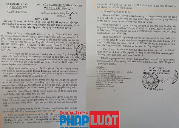 Thông báo số 206/TB-UBND ngày 17/5/2019 của UBND huyện Quốc Oai cho thấy không được phép chuyển đổi đất nông nghiệp sang đất ở với diện tích lớn như dự án Adoland