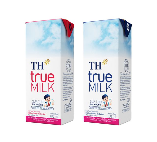 Hình ảnh em bé quàng khăn đỏ trên hộp TH School MILK là nhãn dán nhận diện Sữa học đường của Tập đoàn TH