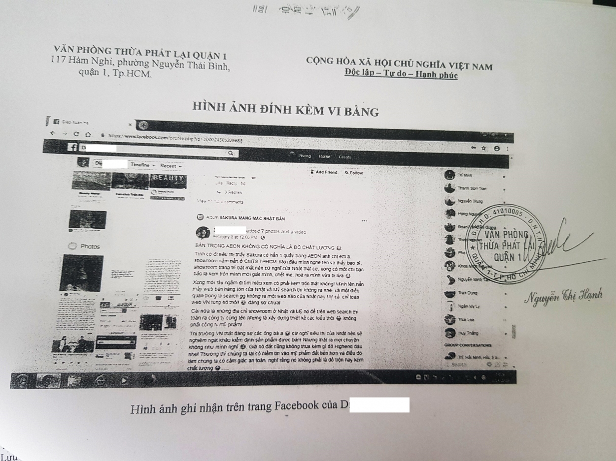 Vi bằng ghi nhận nội dung D.X.H đăng thông tin trên facebook về Sakura