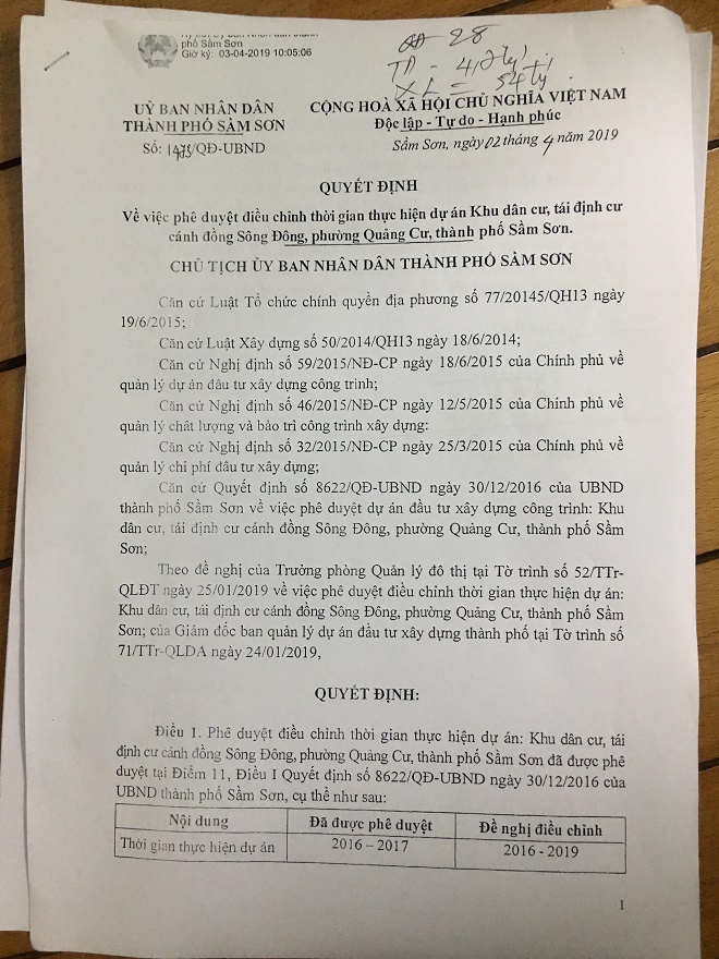 Quyết định điều chỉnh dự án do Chủ tịch UBND TP. Sầm Sơn - Lương Tất Thắng ký.