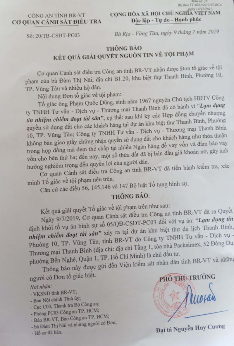 Thông báo của Cơ quan CSĐT Công an tỉnh BR-VT