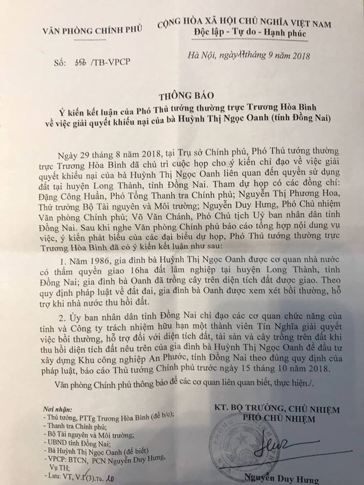 Văn bản chỉ đạo của Văn phòng Chính phủ đề nghị UBND tỉnh Đồng Nai thực hiện việc báo cáo kết quả thực hiện đối với việc bồi thường, hỗ trợ cho bà Oanh