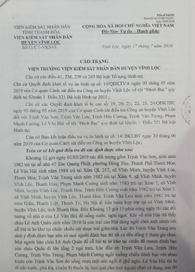 VKSND huyện Vĩnh Lộc truy tố 6 đối tượng về hành vi đánh bạc trong đó có ông Trịnh Văn Sơn - cán bộ Sở Giao thông vận tải tỉnh Thanh Hóa.