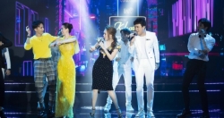 Hoa hậu Thu Hoài cùng dàn sao nam "Running Man Vietnam" biểu diễn phụ họa cho Mỹ Tâm