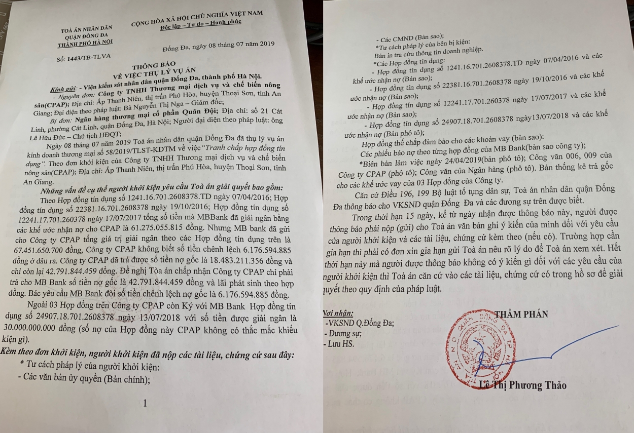 Ngày 8/7/2019, TAND quận Đống Đa đã ra quyết định thụ lý vụ án kinh doanh thương mại số 58/2019/TLST-KDTM về việc “Tranh chấp hợp đồng tín dụng” giữa Công ty CPAP và Ngân hàng TMCP Quân đội